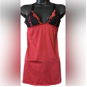 LS RED/BLK Slip on Satin Nightgown, S. *P1077